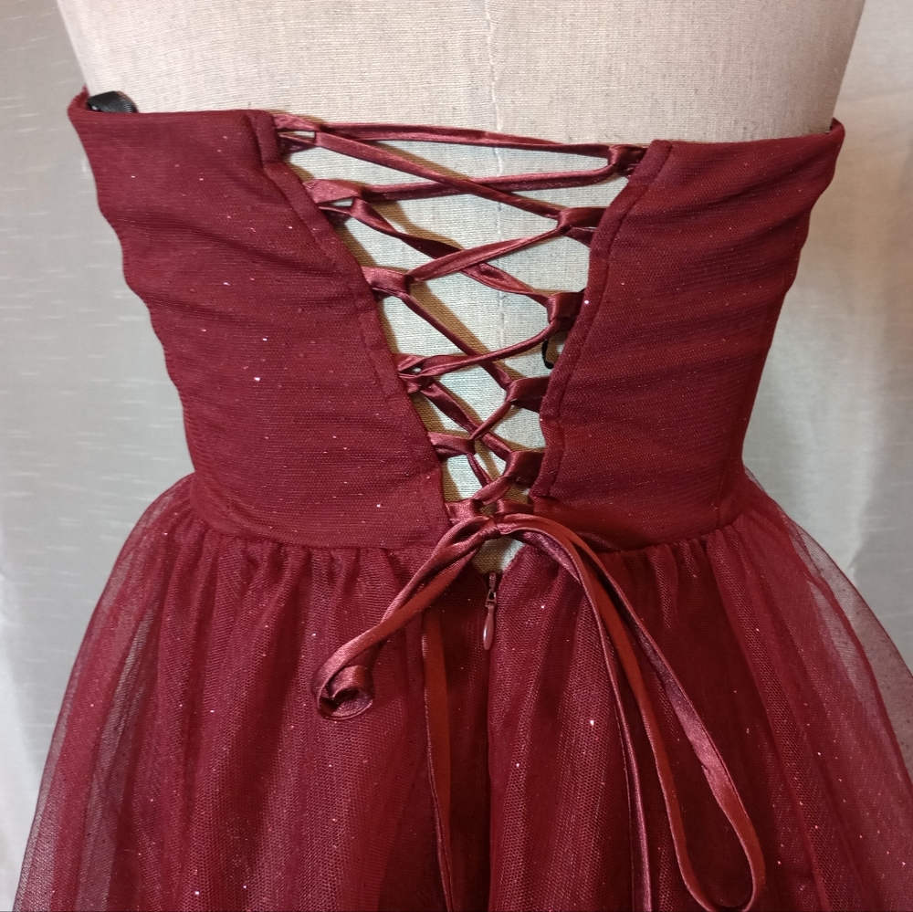 Speechless Strapless Formal, Sparkles, Short burgundy Corset LaceUp Back, Lace,5 - Picture 8 of 12